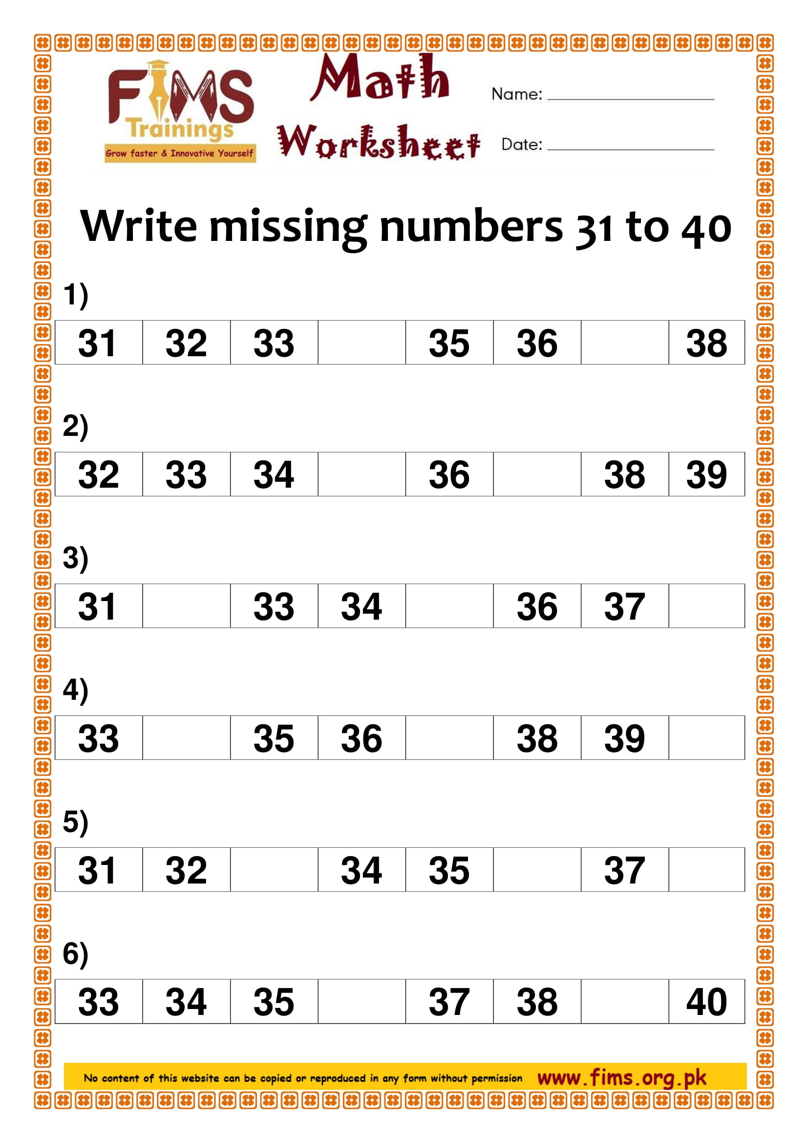 Write Missing Numbers 31 To 40 Free Printable Worksheets Download Pdf